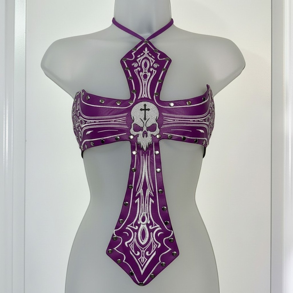 Large Purple Cross Skull Backless Halter Top Studded Leather Rave EDM Vegan